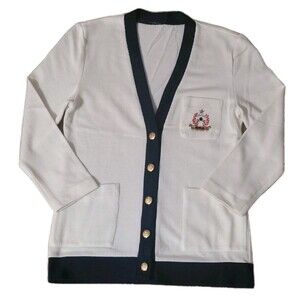 Vtg Leslie Fay Cardigan Sweater Womens 8 White Blue Academia Preppy Made In USA